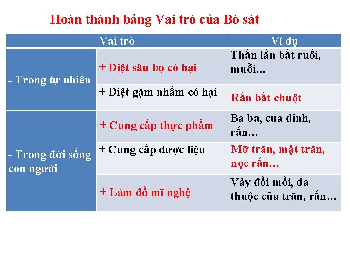 Hoàn thành bảng Vai trò của Bò sát Vai trò - Trong tự nhiên