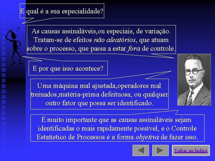 E qual é a sua especialidade? As causas assinaláveis, ou especiais, de variação. Tratam-se