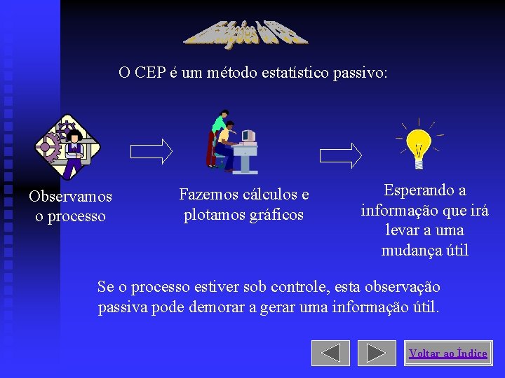 O CEP é um método estatístico passivo: Observamos o processo Fazemos cálculos e plotamos