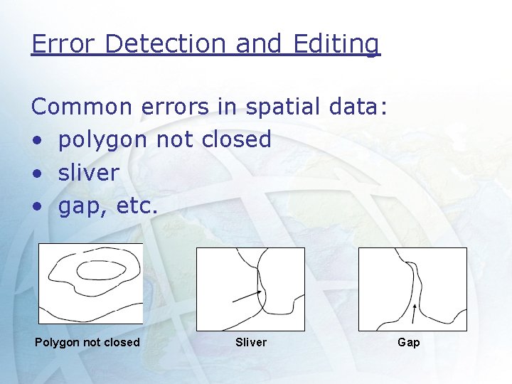 Error Detection and Editing Common errors in spatial data: • polygon not closed •