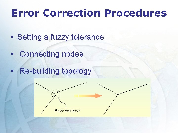 Error Correction Procedures • Setting a fuzzy tolerance • Connecting nodes • Re-building topology