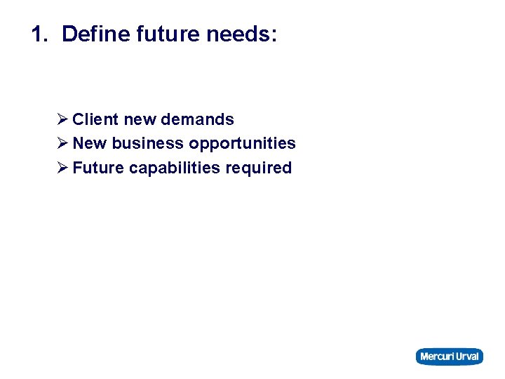 1. Define future needs: Ø Client new demands Ø New business opportunities Ø Future