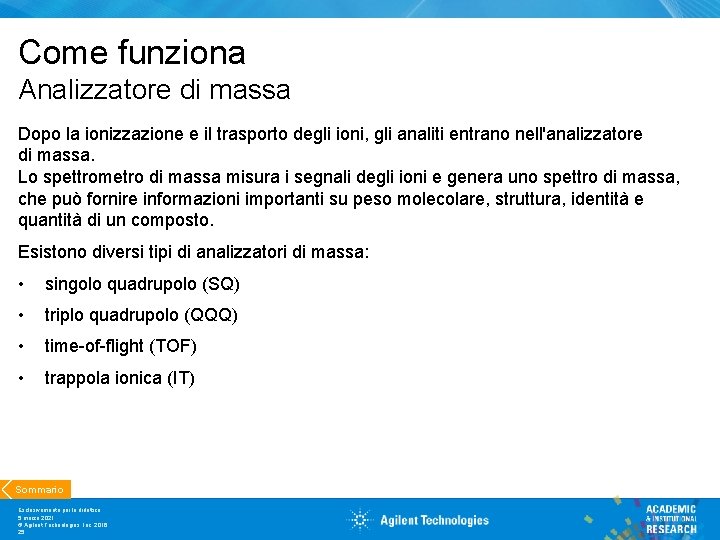 Come funziona Analizzatore di massa Dopo la ionizzazione e il trasporto degli ioni, gli