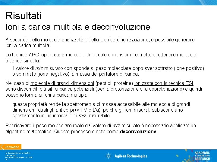 Risultati Ioni a carica multipla e deconvoluzione A seconda della molecola analizzata e della