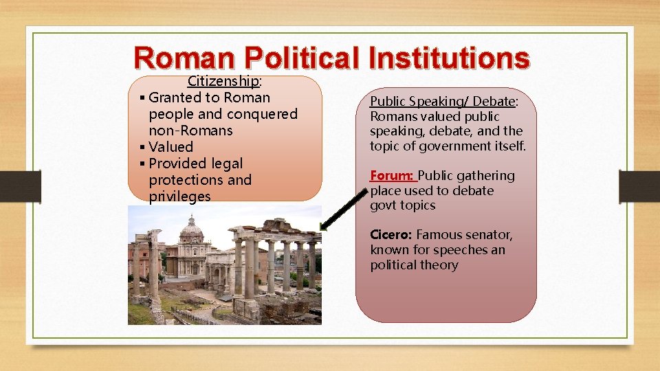 Roman Political Institutions Citizenship: Granted to Roman people and conquered non-Romans Valued Provided legal