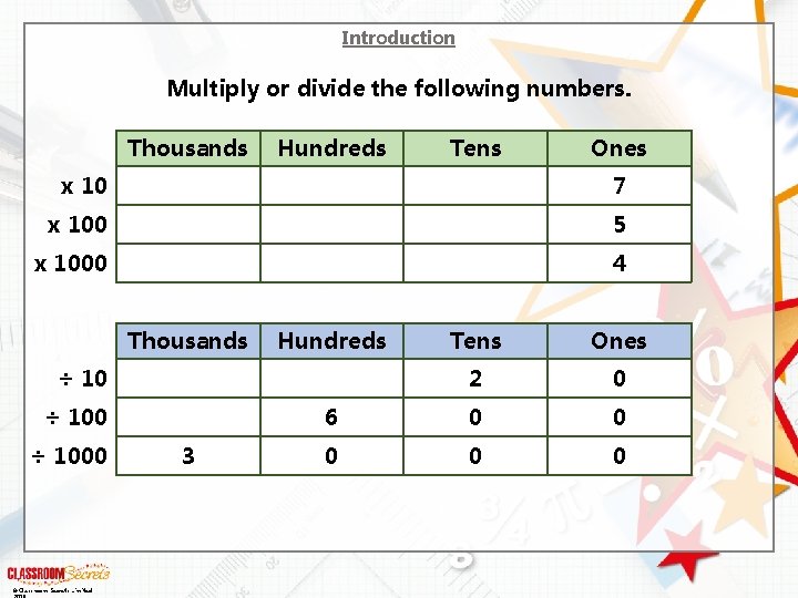 Introduction Multiply or divide the following numbers. Thousands Hundreds Tens Ones x 10 7