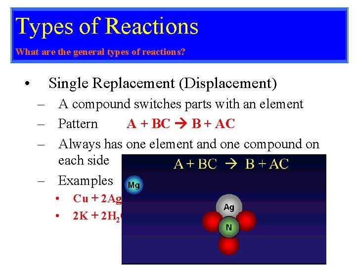 Types of Reactions What are the general types of reactions? • Single Replacement (Displacement)