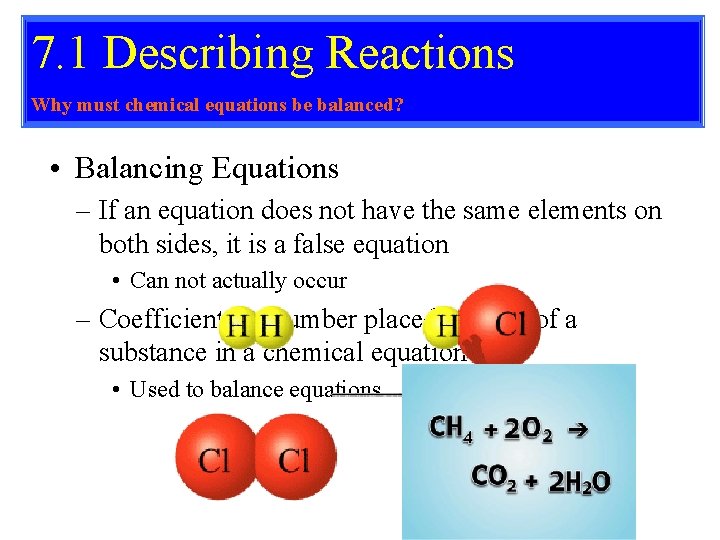 7. 1 Describing Reactions Why must chemical equations be balanced? • Balancing Equations –