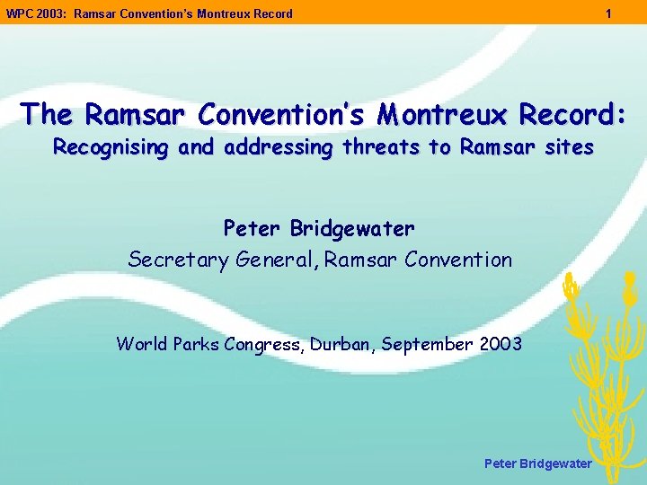WPC 2003: Ramsar Convention’s Montreux Record 1 The Ramsar Convention’s Montreux Record: Recognising and WPC 2003: Ramsar Convention’s Montreux Record 1 The Ramsar Convention’s Montreux Record: Recognising and