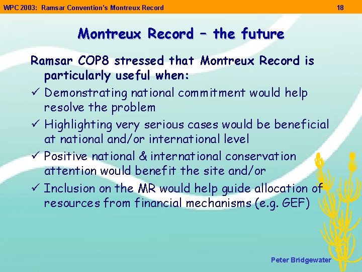 WPC 2003: Ramsar Convention’s Montreux Record 18 Montreux Record – the future Ramsar COP WPC 2003: Ramsar Convention’s Montreux Record 18 Montreux Record – the future Ramsar COP