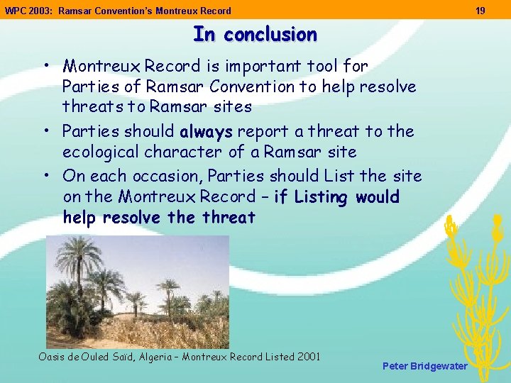 WPC 2003: Ramsar Convention’s Montreux Record 19 In conclusion • Montreux Record is important WPC 2003: Ramsar Convention’s Montreux Record 19 In conclusion • Montreux Record is important