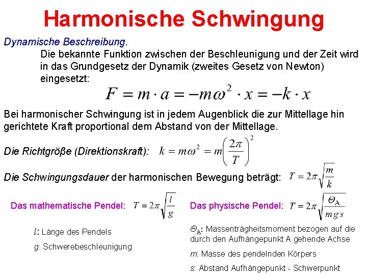 Harmonische Schwingung Dynamische Beschreibung. Die bekannte Funktion zwischen der Beschleunigung und der Zeit wird