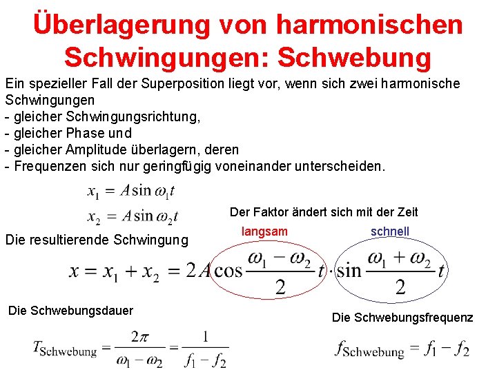 Überlagerung von harmonischen Schwingungen: Schwebung Ein spezieller Fall der Superposition liegt vor, wenn sich