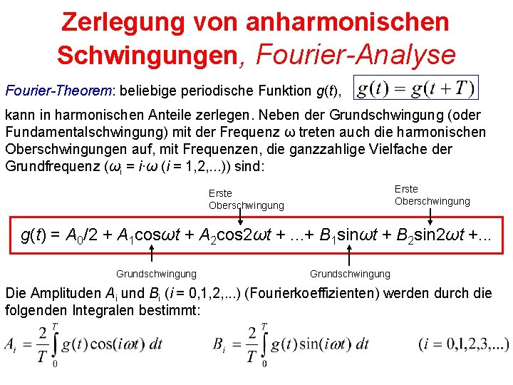 Zerlegung von anharmonischen Schwingungen, Fourier-Analyse Fourier-Theorem: beliebige periodische Funktion g(t), kann in harmonischen Anteile