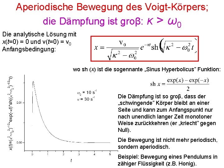 Aperiodische Bewegung des Voigt-Körpers; die Dämpfung ist groβ: κ > ω0 Die analytische Lösung