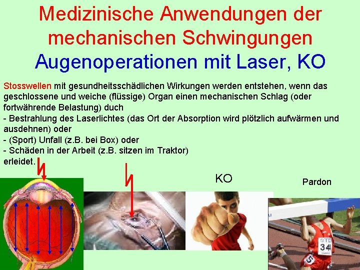 Medizinische Anwendungen der mechanischen Schwingungen Augenoperationen mit Laser, KO Stosswellen mit gesundheitsschädlichen Wirkungen werden