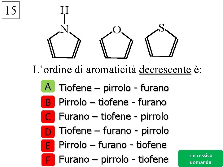 15 H N O S L’ordine di aromaticità decrescente è: A B C D