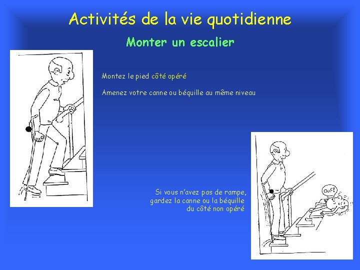 Activités de la vie quotidienne Monter un escalier Montez le pied côté opéré Amenez