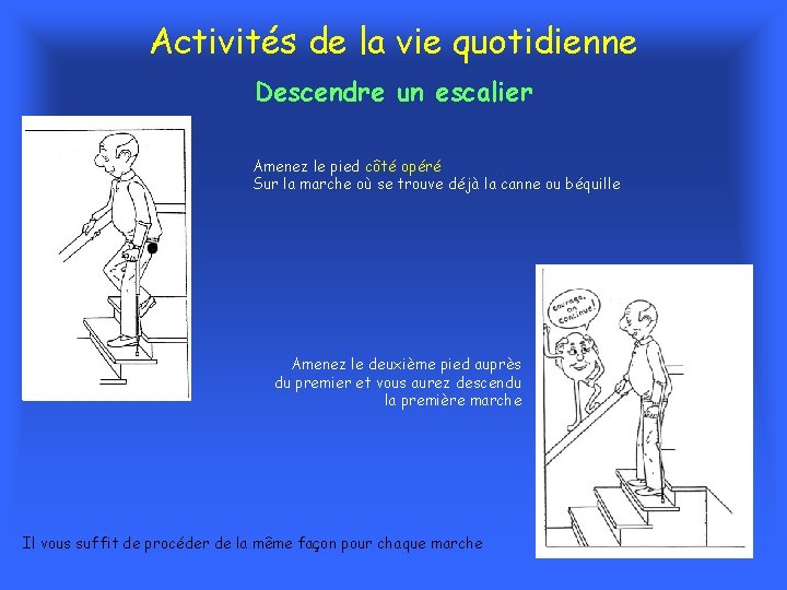 Activités de la vie quotidienne Descendre un escalier Amenez le pied côté opéré Sur