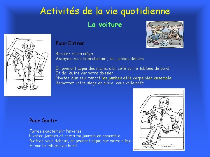 Activités de la vie quotidienne La voiture Pour Entrer Reculez votre siège Asseyez-vous latéralement,