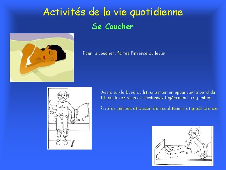 Activités de la vie quotidienne Se Coucher Pour le coucher, faites l’inverse du lever