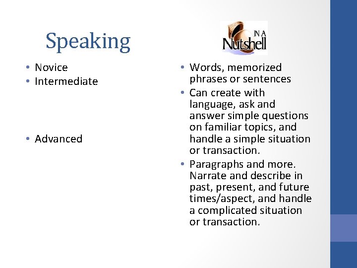 Speaking • Novice • Intermediate • Advanced • Words, memorized phrases or sentences •