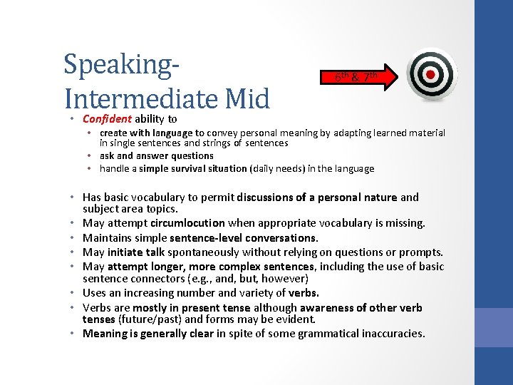 Speaking. Intermediate Mid • Confident ability to 6 th & 7 th • create