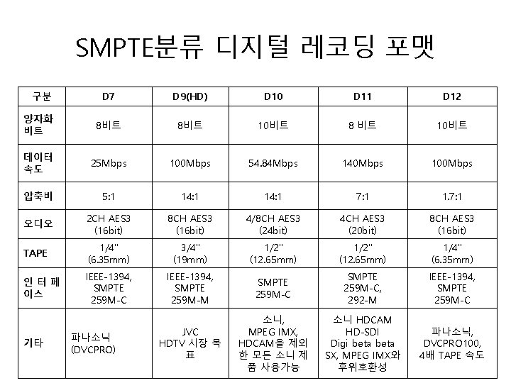 SMPTE분류 디지털 레코딩 포맷 구분 D 7 D 9(HD) D 10 D 11 D