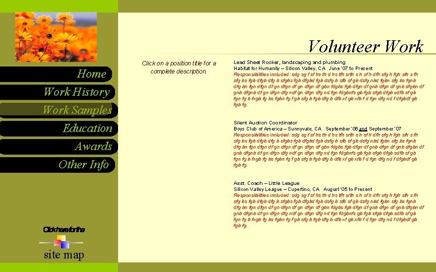 Volunteer Work Home Work History Work Samples Education Awards Other Info Click on a