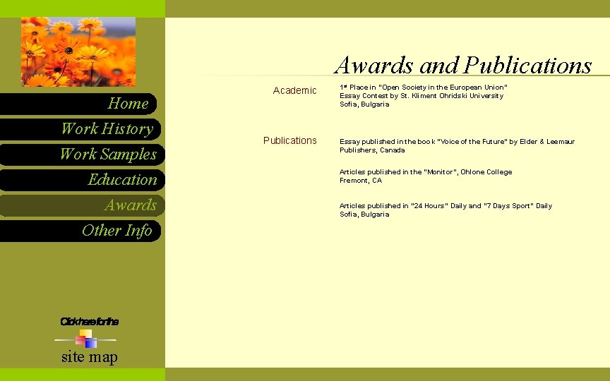 Awards and Publications Home Work History Work Samples Education Awards Other Info site map