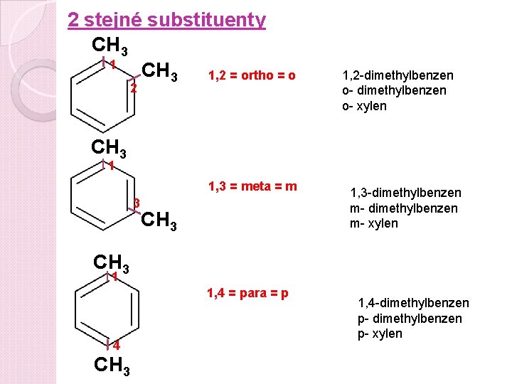 2 stejné substituenty CH 3 1, 2 = ortho = o 2 1, 2