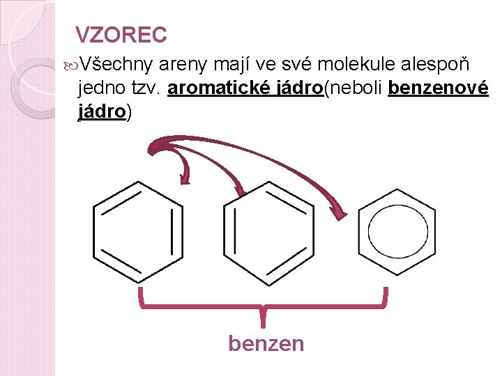 VZOREC Všechny areny mají ve své molekule alespoň jedno tzv. aromatické jádro(neboli benzenové jádro)