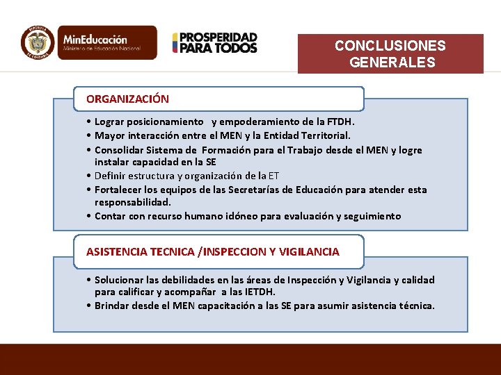 CONCLUSIONES GENERALES ORGANIZACIÓN • Lograr posicionamiento y empoderamiento de la FTDH. • Mayor interacción