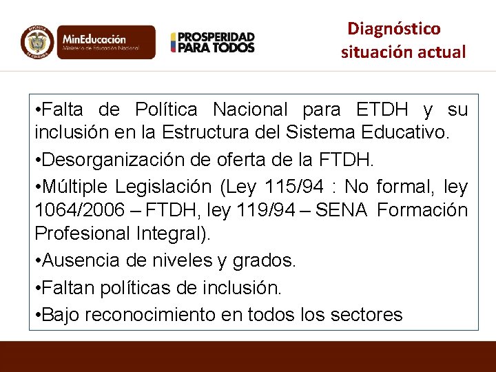 Diagnóstico situación actual • Falta de Política Nacional para ETDH y su inclusión en