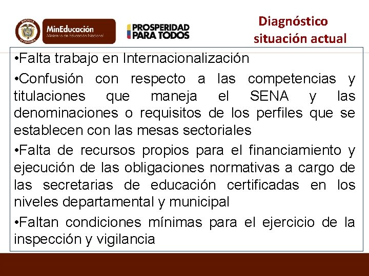 Diagnóstico situación actual • Falta trabajo en Internacionalización • Confusión con respecto a las