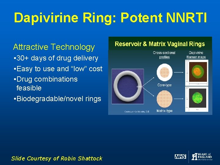 Dapivirine Ring: Potent NNRTI Attractive Technology • 30+ days of drug delivery • Easy