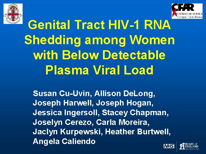 Genital Tract HIV-1 RNA Shedding among Women with Below Detectable Plasma Viral Load Susan