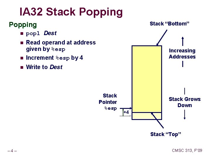 IA 32 Stack Popping n popl Dest n n Read operand at address given IA 32 Stack Popping n popl Dest n n Read operand at address given