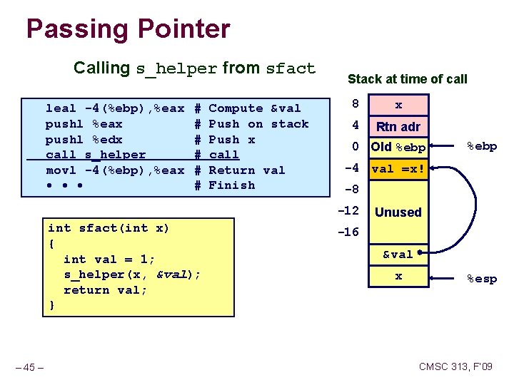 Passing Pointer Calling s_helper from sfact leal -4(%ebp), %eax pushl %edx call s_helper movl Passing Pointer Calling s_helper from sfact leal -4(%ebp), %eax pushl %edx call s_helper movl