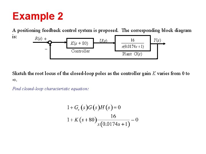 Example 2 A positioning feedback control system is proposed. The corresponding block diagram is: