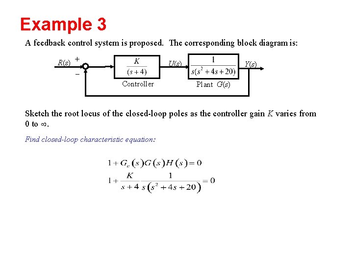 Example 3 A feedback control system is proposed. The corresponding block diagram is: R(s)