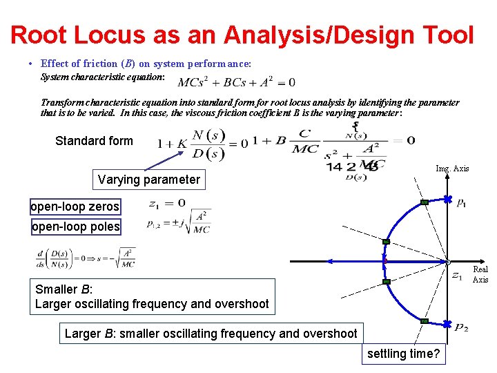 Root Locus as an Analysis/Design Tool • Effect of friction (B) on system performance: