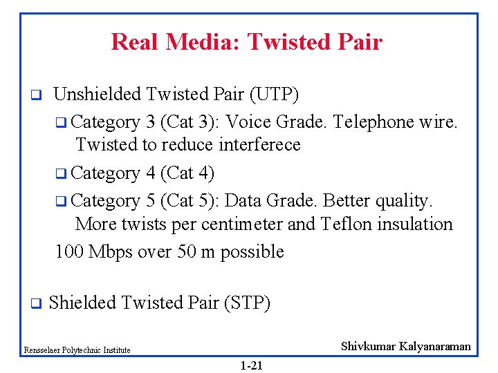 Real Media: Twisted Pair q q Unshielded Twisted Pair (UTP) q Category 3 (Cat