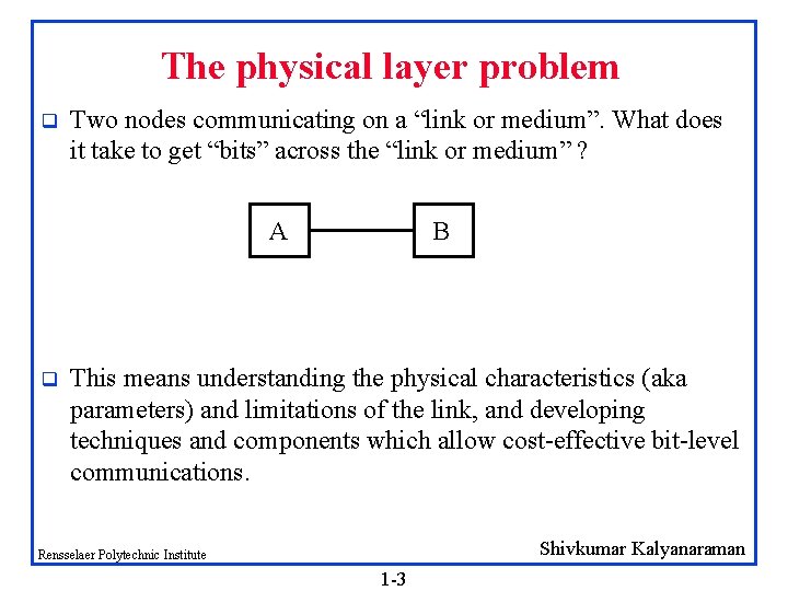 The physical layer problem q Two nodes communicating on a “link or medium”. What