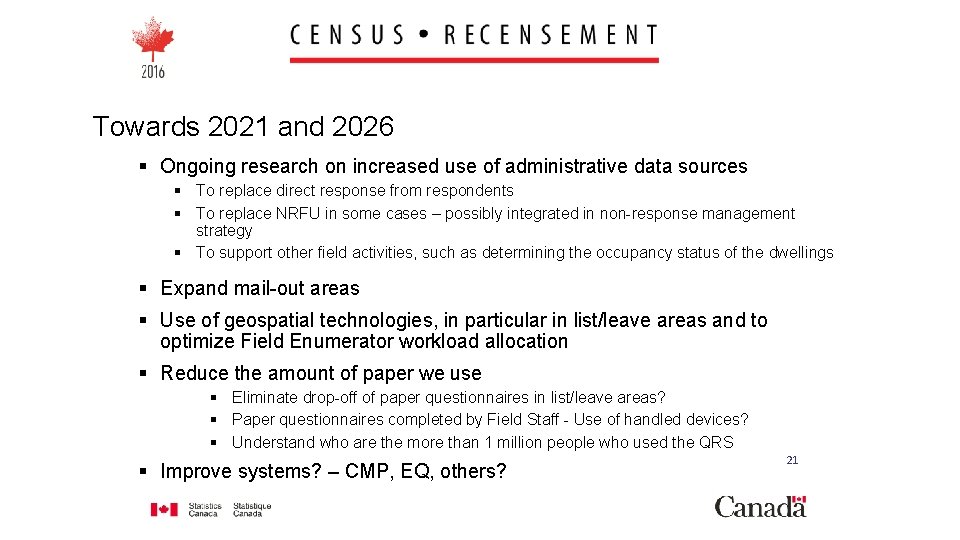 Towards 2021 and 2026 § Ongoing research on increased use of administrative data sources