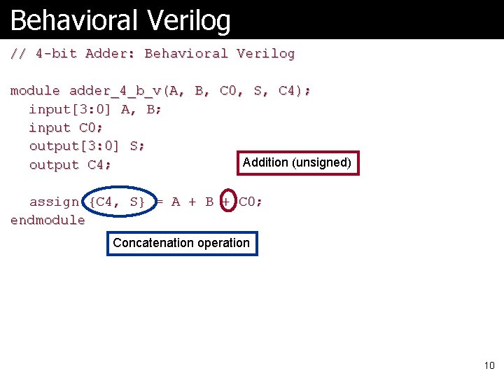 Behavioral Verilog // 4 -bit Adder: Behavioral Verilog module adder_4_b_v(A, B, C 0, S, Behavioral Verilog // 4 -bit Adder: Behavioral Verilog module adder_4_b_v(A, B, C 0, S,