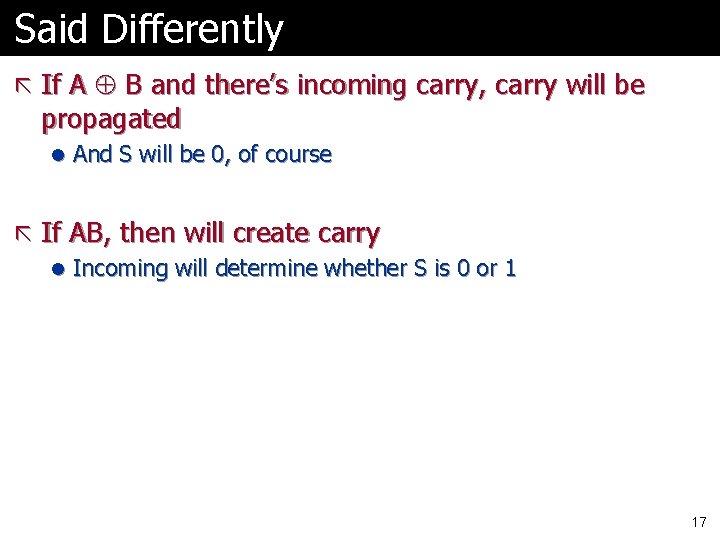 Said Differently ã If A B and there’s incoming carry, carry will be propagated Said Differently ã If A B and there’s incoming carry, carry will be propagated