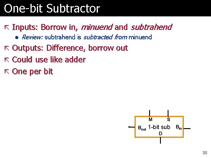 One-bit Subtractor ã Inputs: Borrow in, l minuend and subtrahend Review: subtrahend is subtracted One-bit Subtractor ã Inputs: Borrow in, l minuend and subtrahend Review: subtrahend is subtracted