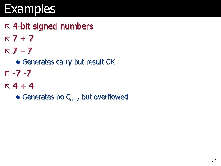 Examples ã 4 -bit signed numbers ã 7+7 ã 7– 7 l Generates carry Examples ã 4 -bit signed numbers ã 7+7 ã 7– 7 l Generates carry