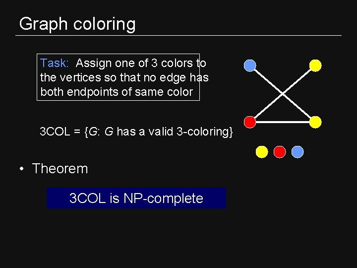 Graph coloring Task: Assign one of 3 colors to the vertices so that no